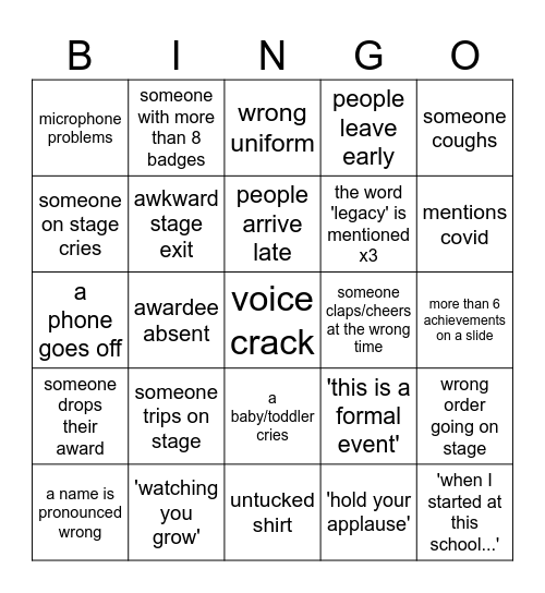 Awards Night Bingo Card