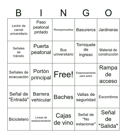 Zonas de acceso y transporte Bingo Card