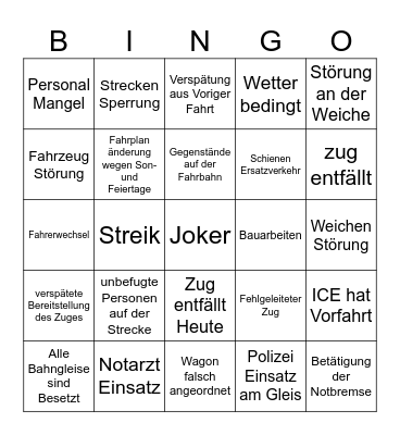 Warum kommt die Bahn zu spät? Bingo Card