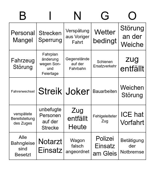 Warum kommt die Bahn zu spät? Bingo Card