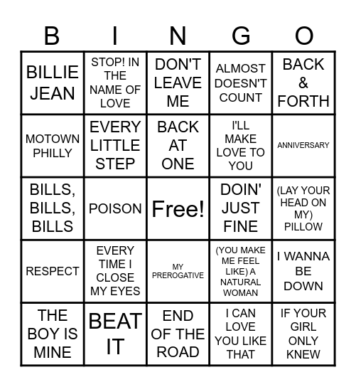 R&B MUSIC BINGO Card
