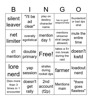 Destiny 2 Lfg Bingo Card