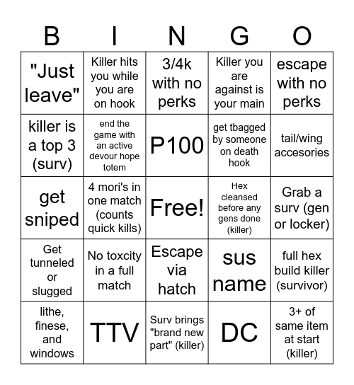 DBD thingy Bingo Card