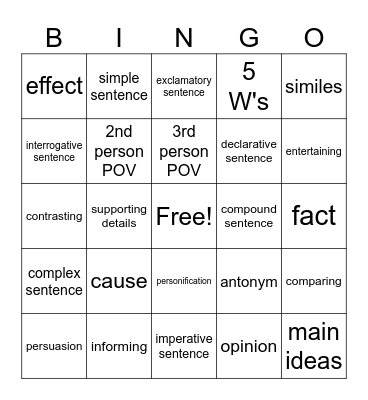 English Bingo Card