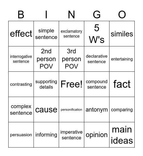 English Bingo Card