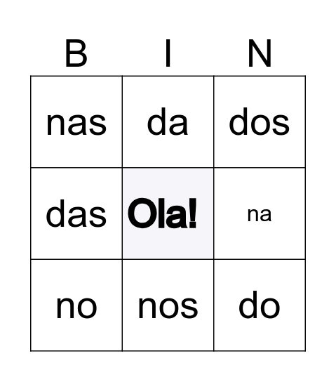 EM , DE + artigos Bingo Card