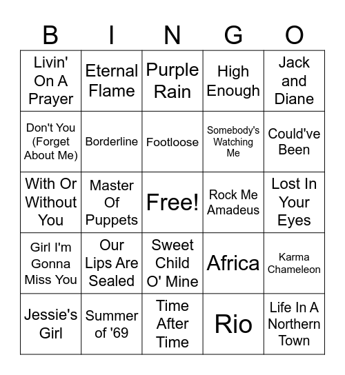 1980s Music Bingo Card