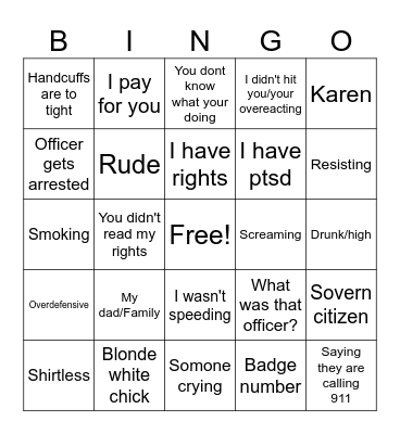 Body Cam Bingo Card