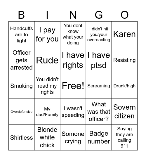 Body Cam Bingo Card