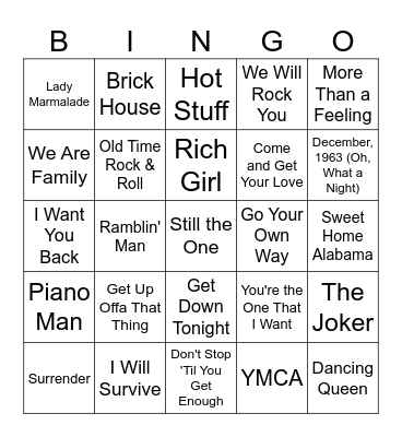 '70s Hits Music Bingo Card