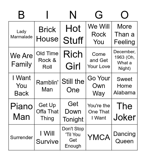 '70s Hits Music Bingo Card