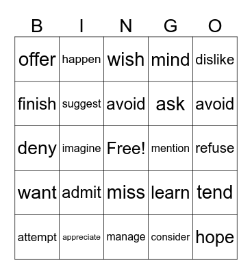 Verb patters (-ing / to) Bingo Card