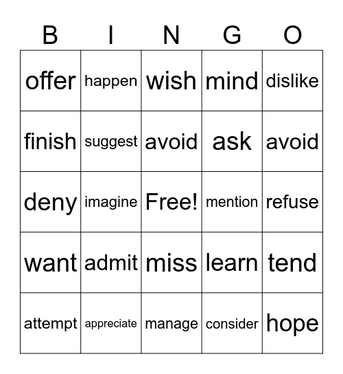 Verb patters (-ing / to) Bingo Card