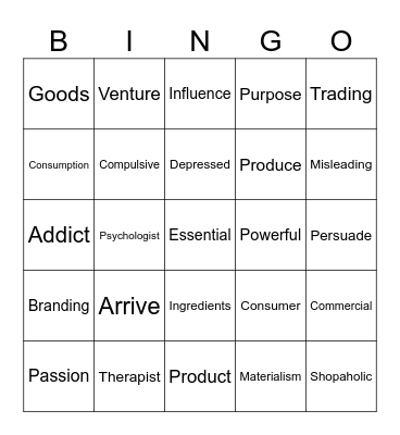 Vocabulary Bingo Card