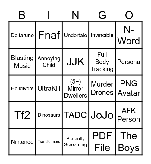 Furry Hideout Bingo Card