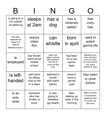 the harbear human bingo Card