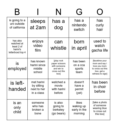 the harbear human bingo Card