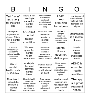 Mental Health Facts Bingo Card