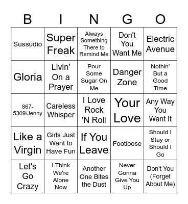 '80s Hits Music Bingo Card