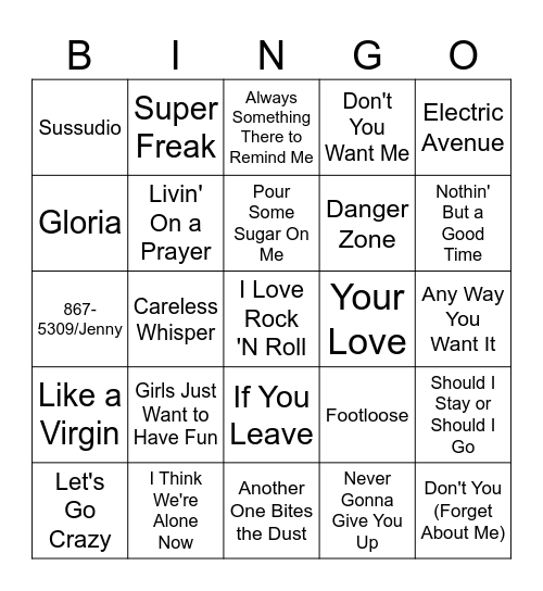 '80s Hits Music Bingo Card