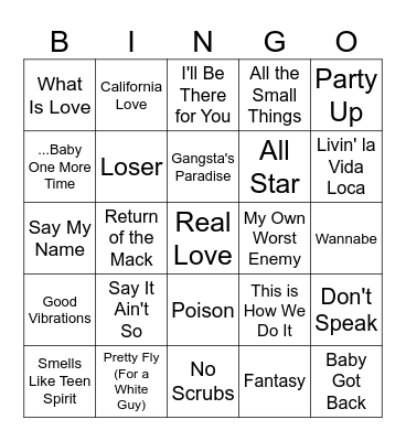 '90s Hits Music Bingo Card