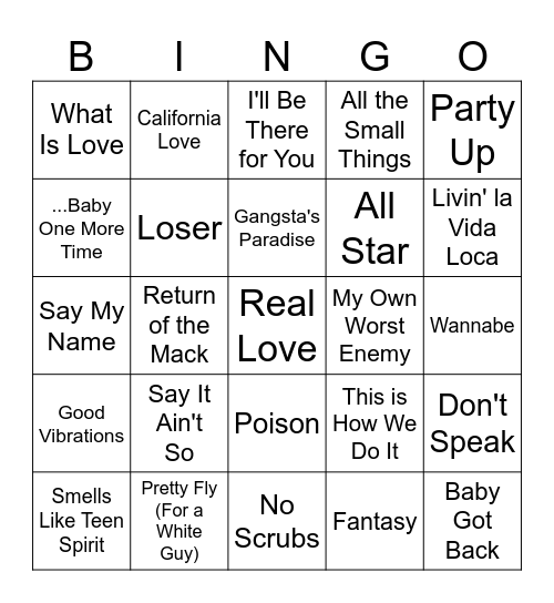 '90s Hits Music Bingo Card