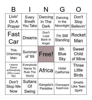 70s, 80s, & 90s Most Streamed Bingo Card