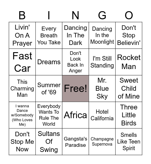 70s, 80s, & 90s Most Streamed Bingo Card