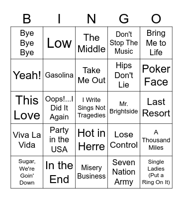 '00s Hits Music Bingo Card