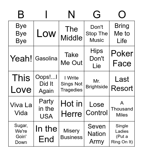'00s Hits Music Bingo Card