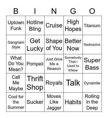 '10s Hits Music Bingo Card