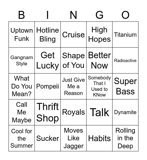 '10s Hits Music Bingo Card