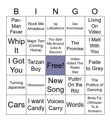 80s New Wave 1 Hit Wonders Bingo Card