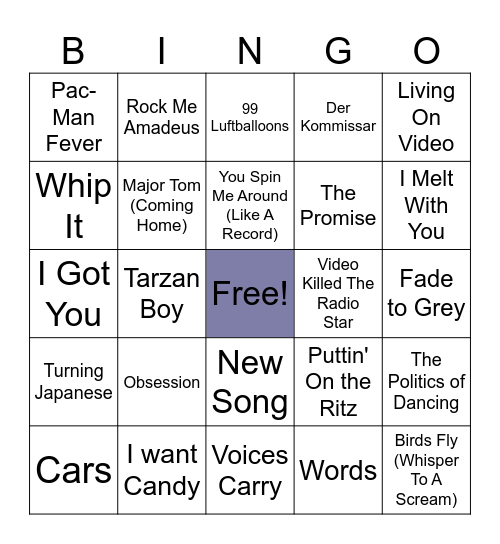 80s New Wave 1 Hit Wonders Bingo Card
