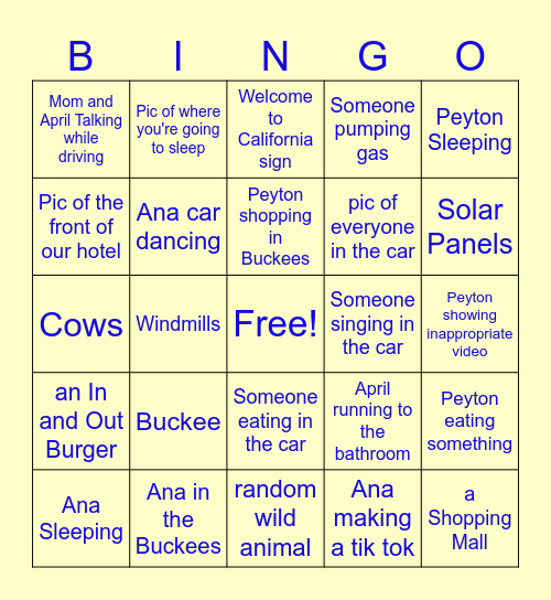 Birthday Trip - In the Car Bingo Card