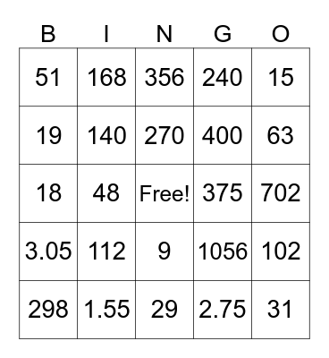 Ratios Bingo Card