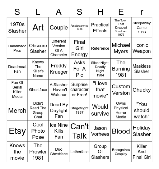 Slasher Fan Bingo Card