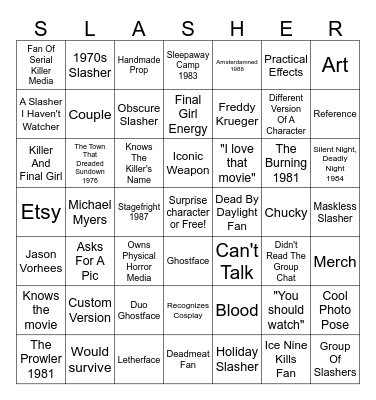 Slasher Fan Bingo Card