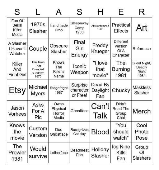 Slasher Fan Bingo Card