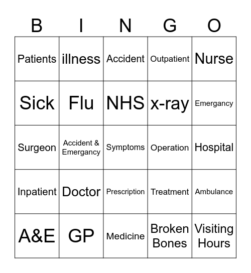Hospital Bingo Card