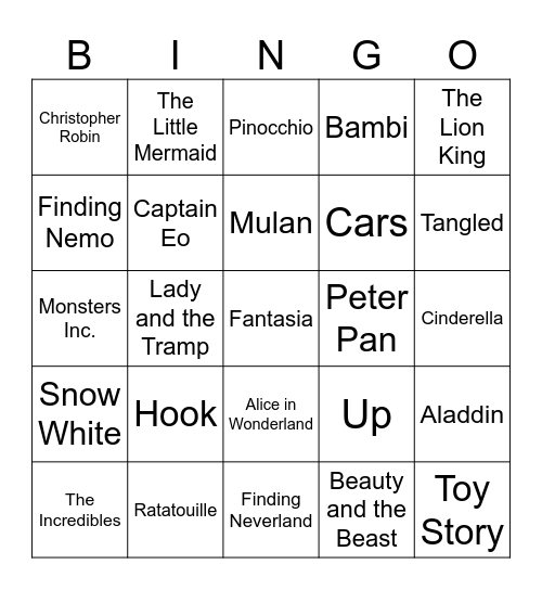 Disney Movies Bingo Card