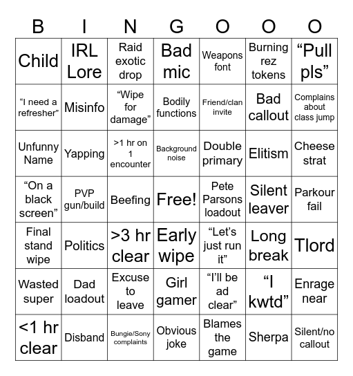 D2 Raid LFG Bingo Card