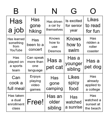 Getting to know each other Bingo Card