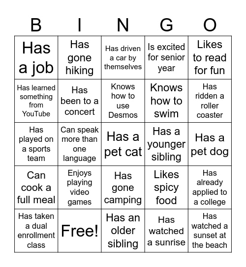 Getting to know each other Bingo Card