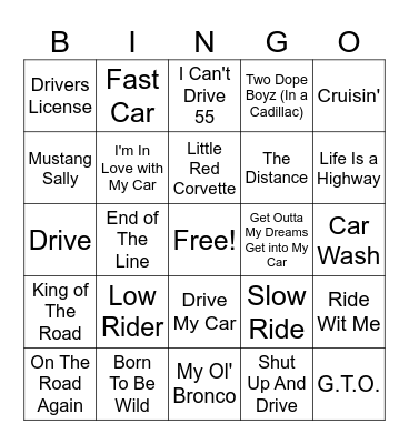 CAR SONG BINGO Card