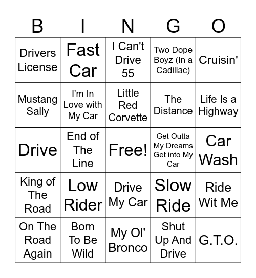 CAR SONG BINGO Card