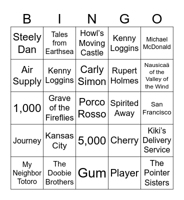 Ghibli, Summertime, & Yacht Rock Bingo Card