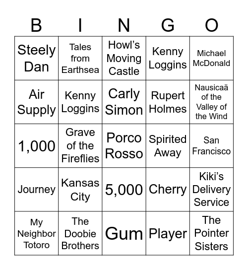 Ghibli, Summertime, & Yacht Rock Bingo Card