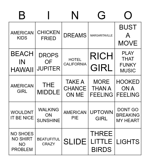 YACHT ROCK Bingo Card