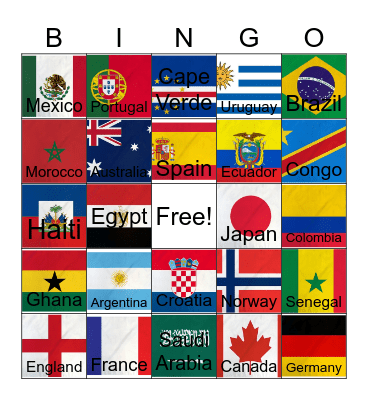 NYU Soccer Bingo - Round 1: Flags Bingo Card